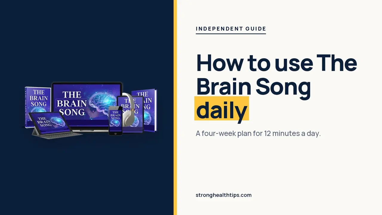 How to use The Brain Song: daily routine headline beside a phone and headphones showing The Brain Song audio on navy