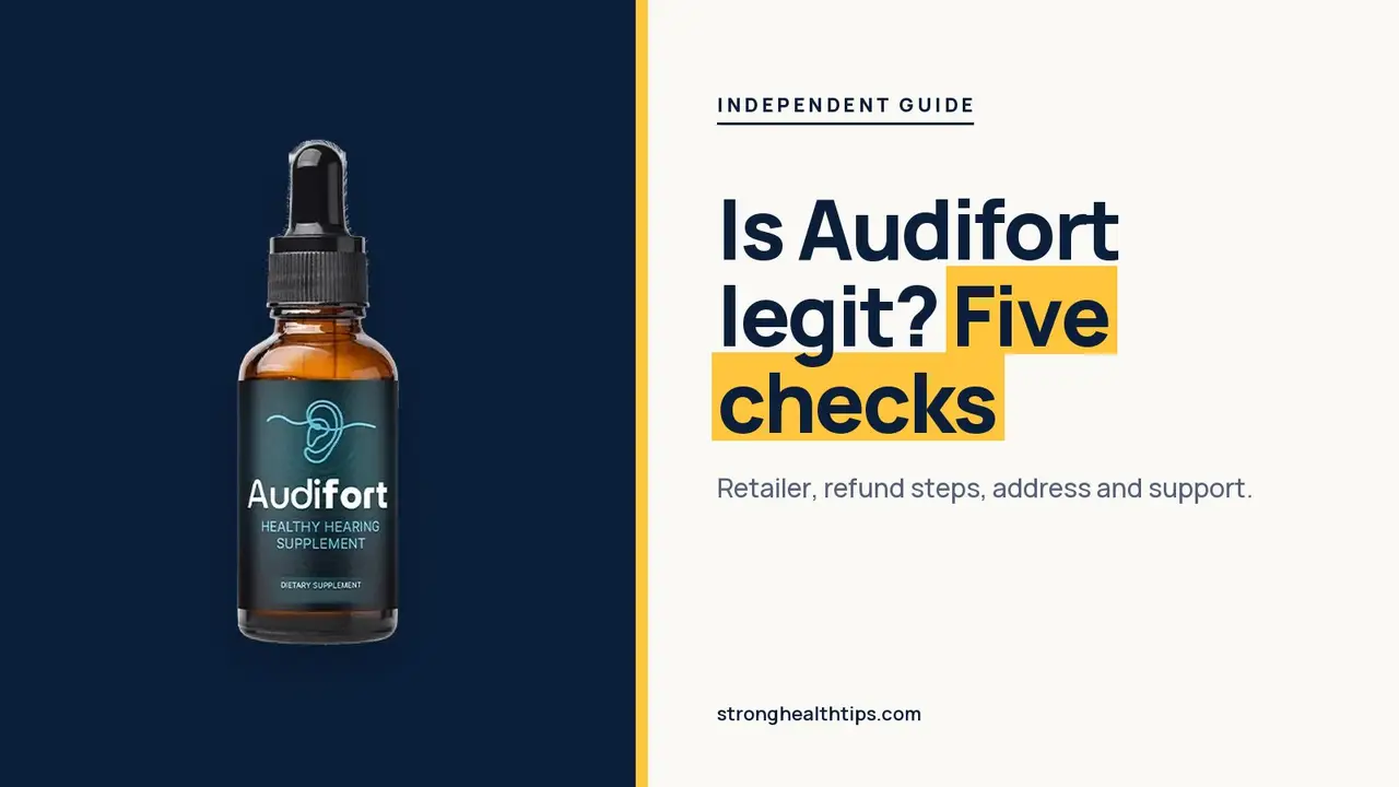 Is Audifort a scam or legit: headline beside the Audifort dropper bottle on a navy panel with a yellow edge