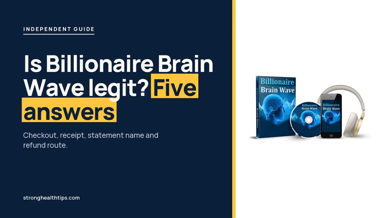 Is Billionaire Brain Wave legit: five questions headline on navy beside the box, disc, phone and headphones mockup