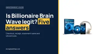Is Billionaire Brain Wave legit: five questions headline on navy beside the box, disc, phone and headphones mockup