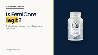 Is FemiCore legit: editorial cover with the headline on a cream background and the FemiCore bottle on a navy panel
