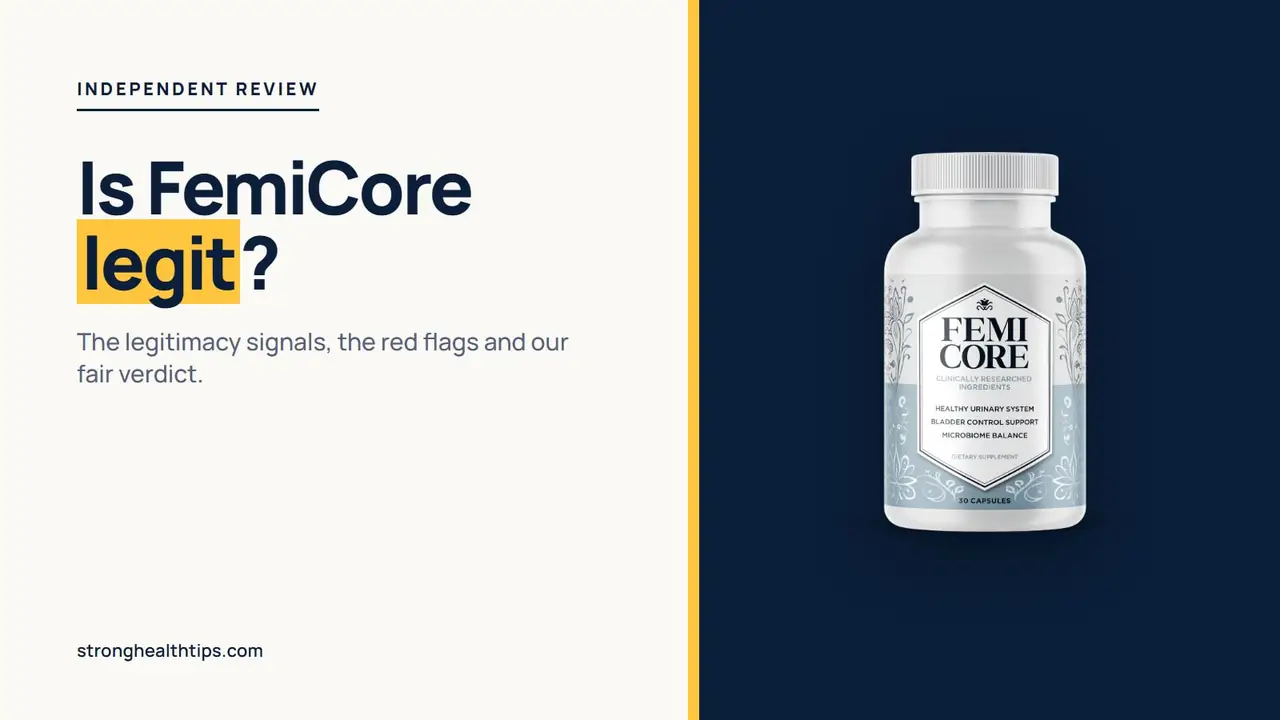 Is FemiCore legit: editorial cover with the headline on a cream background and the FemiCore bottle on a navy panel