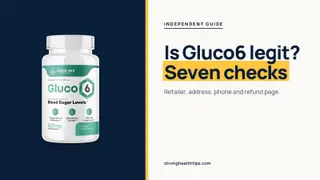 Is Gluco6 a scam or legit: headline beside the Gluco6 bottle on a navy panel with a yellow edge