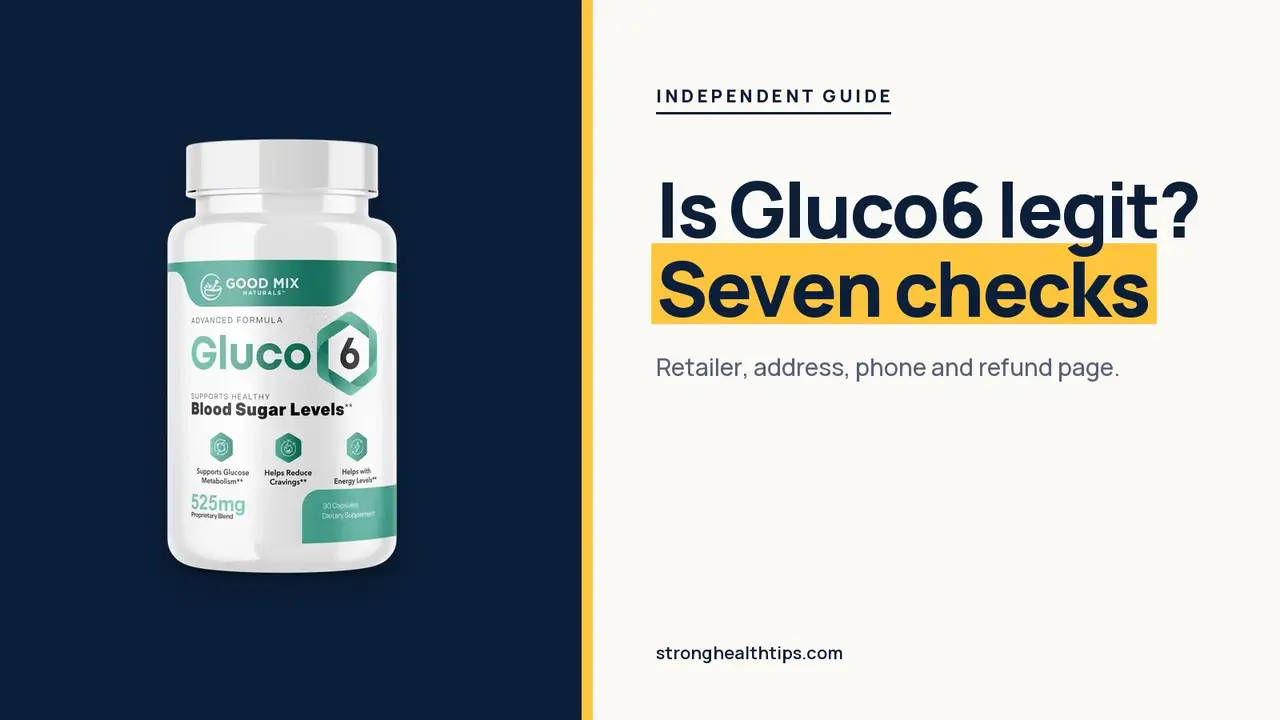 Is Gluco6 a scam or legit: headline beside the Gluco6 bottle on a navy panel with a yellow edge