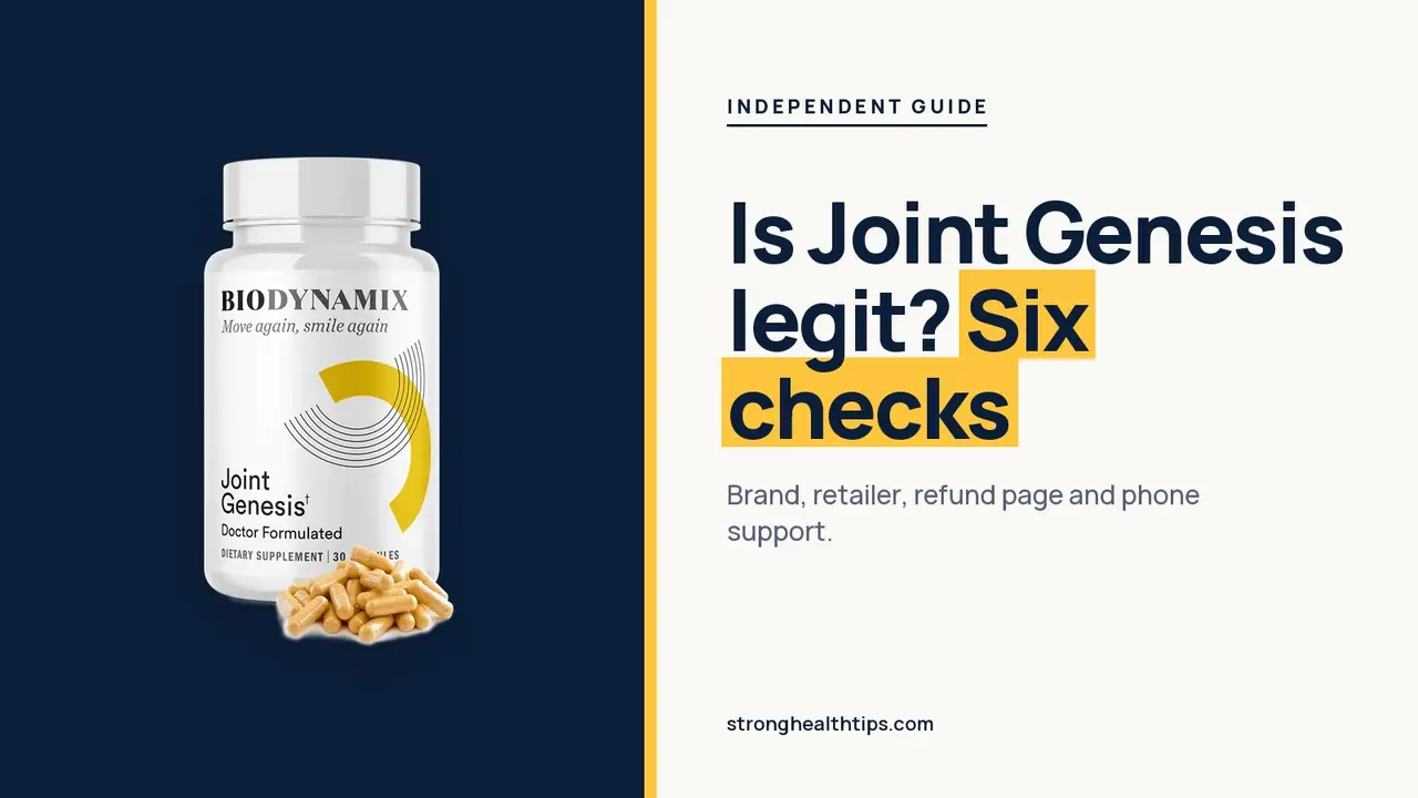 Is Joint Genesis legit: headline beside the Joint Genesis bottle on a navy panel with a yellow edge