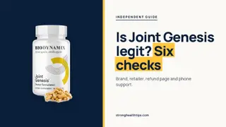 Is Joint Genesis legit: headline beside the Joint Genesis bottle on a navy panel with a yellow edge