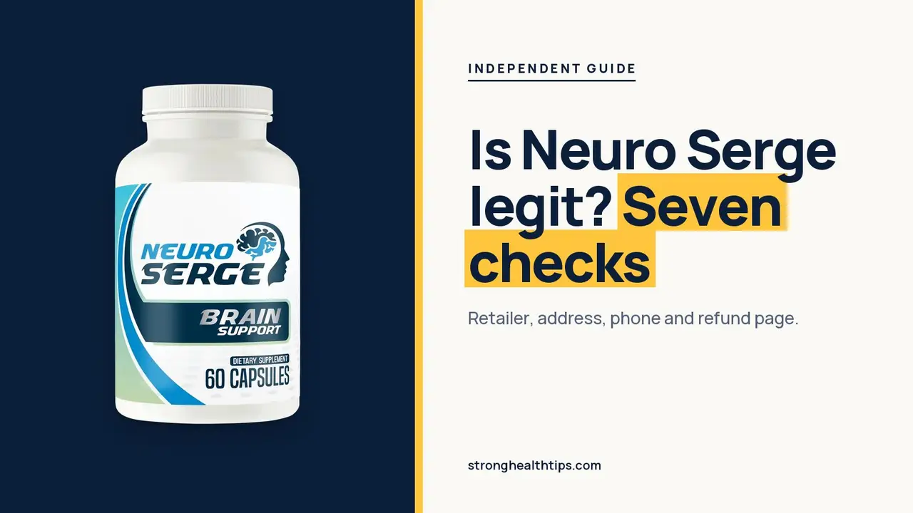 Is Neuro Serge a scam or legit: headline beside a Neuro Serge bottle on a navy panel with a yellow edge