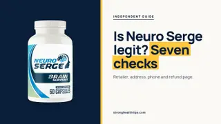 Is Neuro Serge a scam or legit: headline beside a Neuro Serge bottle on a navy panel with a yellow edge