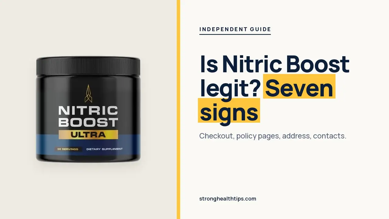 Is Nitric Boost a scam or legit: a Nitric Boost Ultra jar of powder beside a seven signs headline on a warm white panel
