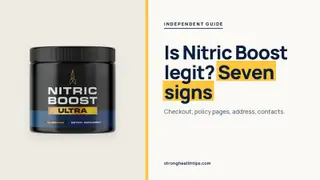 Is Nitric Boost a scam or legit: a Nitric Boost Ultra jar of powder beside a seven signs headline on a warm white panel