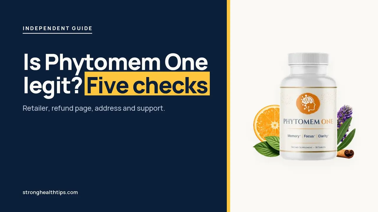 Is Phytomem One a scam or legit: checklist headline beside a Phytomem One bottle on a navy panel with a yellow edge