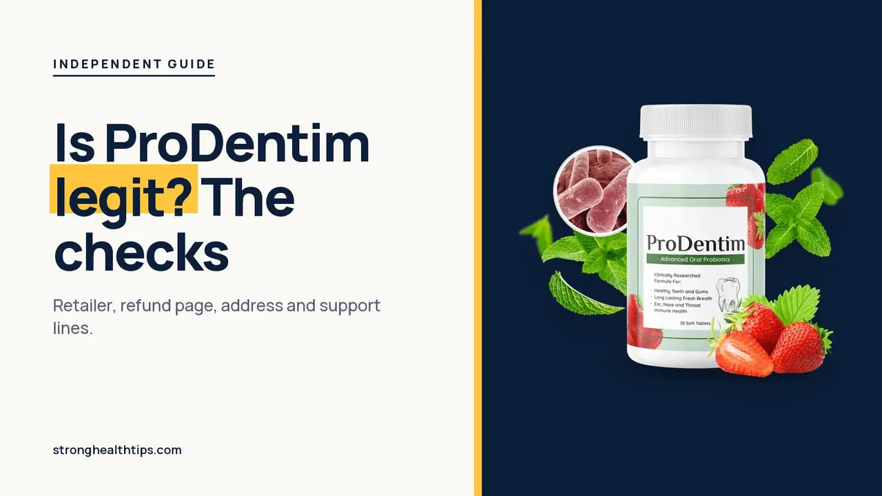 Is ProDentim a scam or legit: checklist headline beside a ProDentim bottle with strawberries and mint on a navy panel