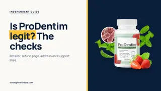 Is ProDentim a scam or legit: checklist headline beside a ProDentim bottle with strawberries and mint on a navy panel