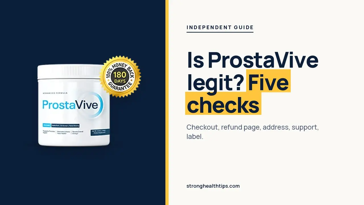 Is ProstaVive legit: headline beside a ProstaVive tub on a navy panel with a yellow edge