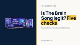 Is The Brain Song legit: five-point checklist headline on navy beside The Brain Song audio on a phone