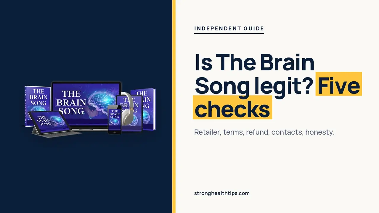 Is The Brain Song legit: five-point checklist headline on navy beside The Brain Song audio on a phone