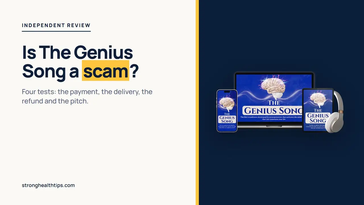 Is The Genius Song a scam: headline beside a device mockup of the audio track on a navy panel