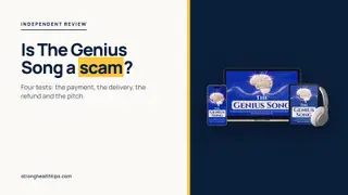 Is The Genius Song a scam: headline beside a device mockup of the audio track on a navy panel