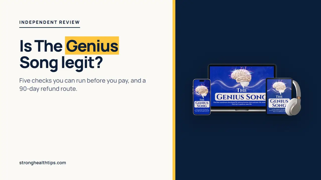 Is The Genius Song legit: a headline about five checks beside a device mockup of the audio track on a navy panel
