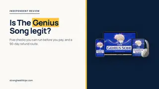 Is The Genius Song legit: a headline about five checks beside a device mockup of the audio track on a navy panel