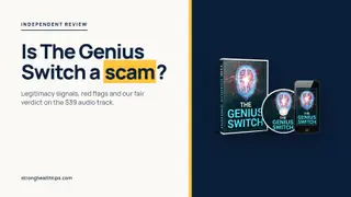 Is The Genius Switch a scam: headline beside a product mockup of The Genius Switch audio track on a navy panel