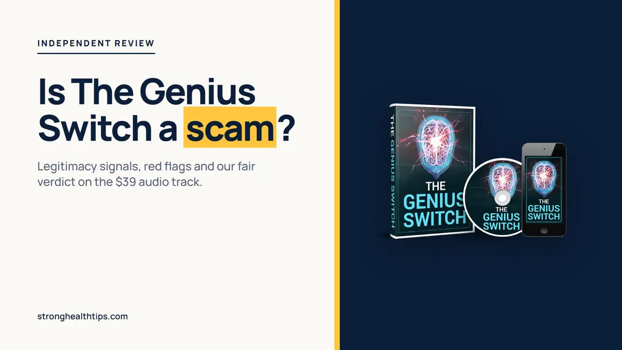 Is The Genius Switch a scam: headline beside a product mockup of The Genius Switch audio track on a navy panel