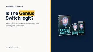 Is The Genius Switch legit: a headline about a two-minute check beside a product mockup of The Genius Switch audio track