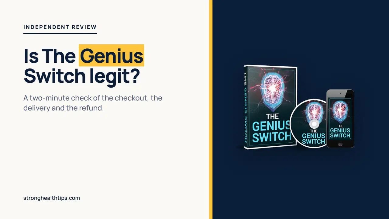 Is The Genius Switch legit: a headline about a two-minute check beside a product mockup of The Genius Switch audio track
