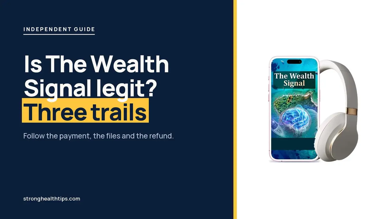 Is The Wealth Signal legit: plain-answer headline on navy beside the phone and headphones mockup