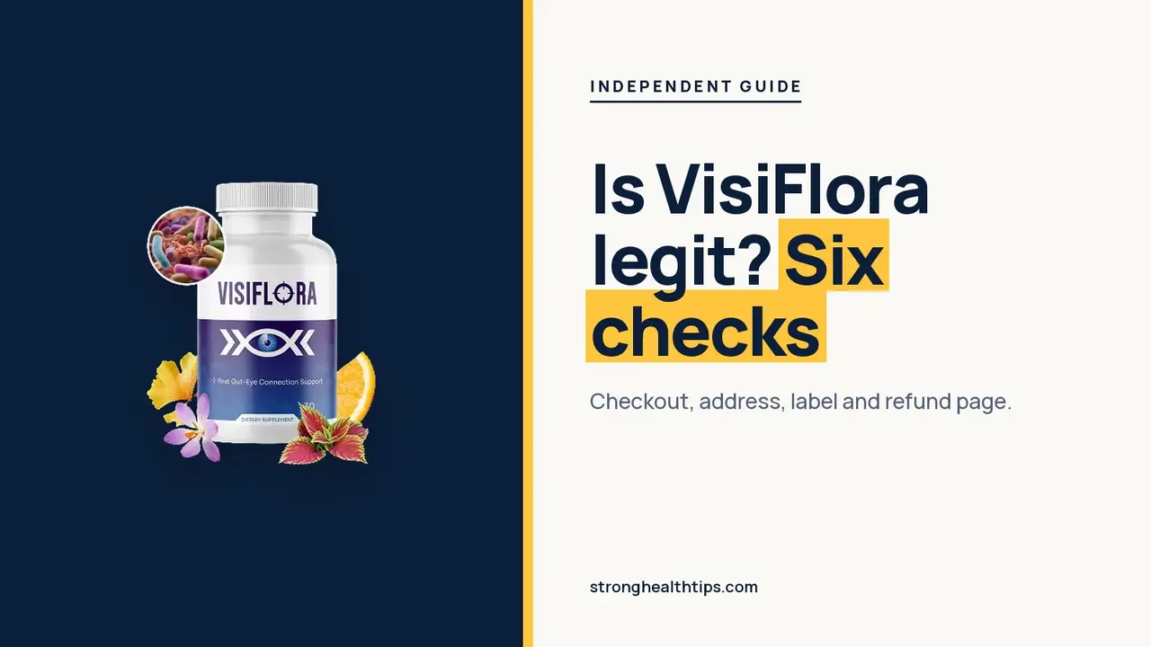 Is VisiFlora a scam or legit: headline beside the three-bottle VisiFlora package on a navy panel with a yellow edge
