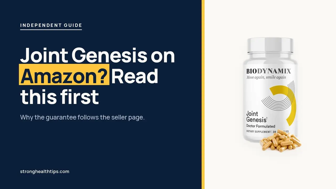 Joint Genesis Amazon: headline beside the Joint Genesis bottle on a navy panel with a yellow edge