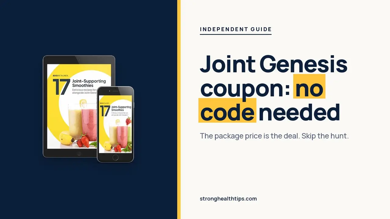 Joint Genesis coupon: headline beside the three-bottle Joint Genesis package on warm white with a hairline frame