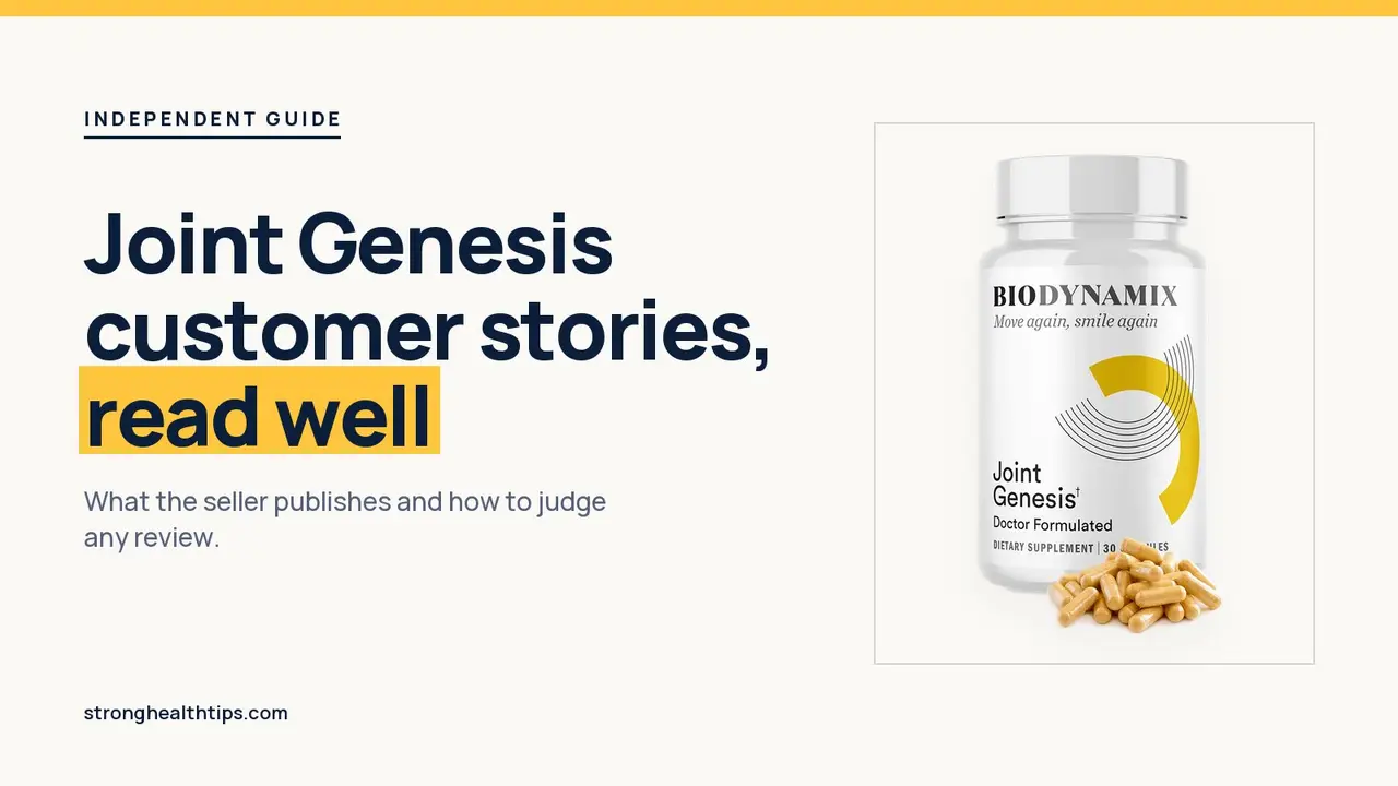 Joint Genesis customer reviews: headline beside a Joint Genesis bottle on a warm white page with a hairline frame