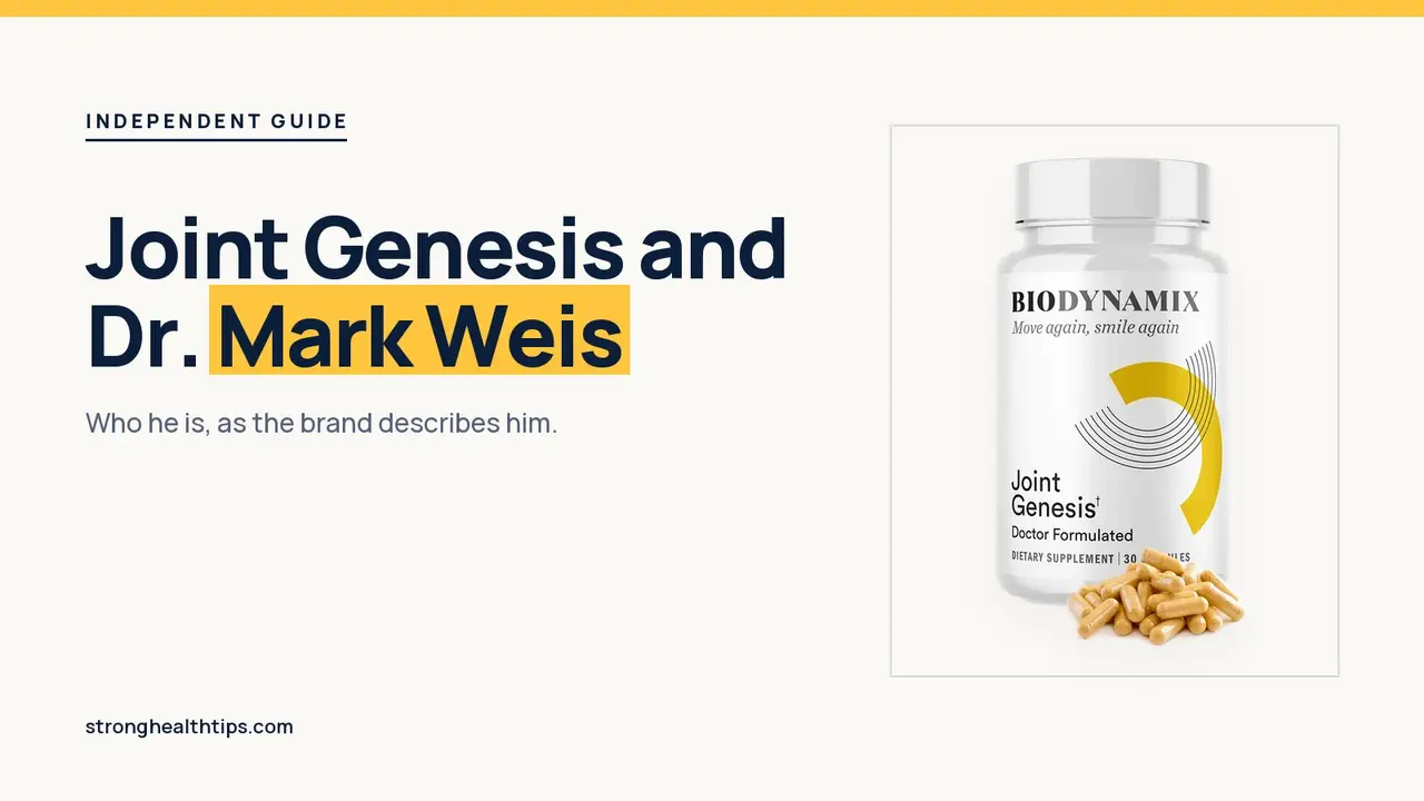 Joint Genesis Dr. Mark Weis: headline beside the Joint Genesis bottle labeled Doctor Formulated on warm white