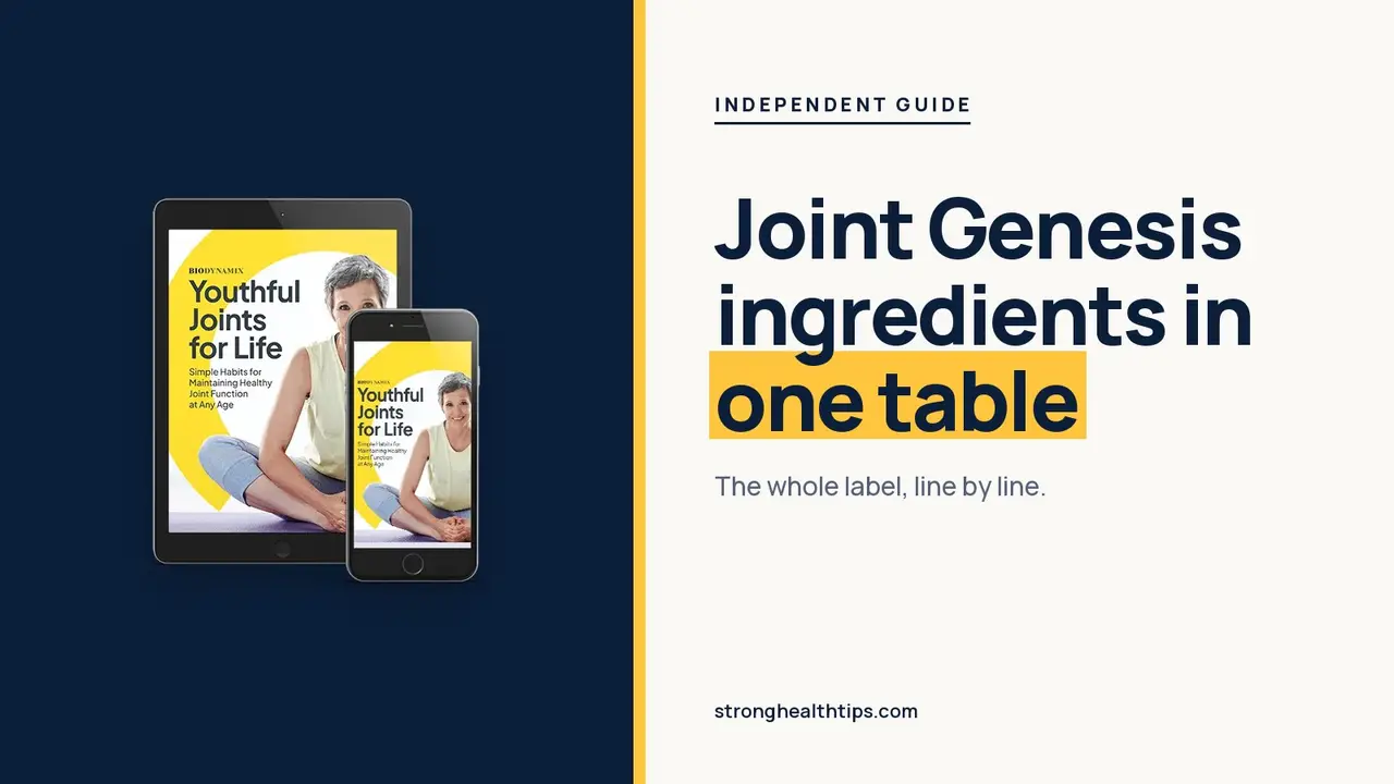 Joint Genesis ingredients list: headline beside the Joint Genesis bottle on warm white with a hairline frame