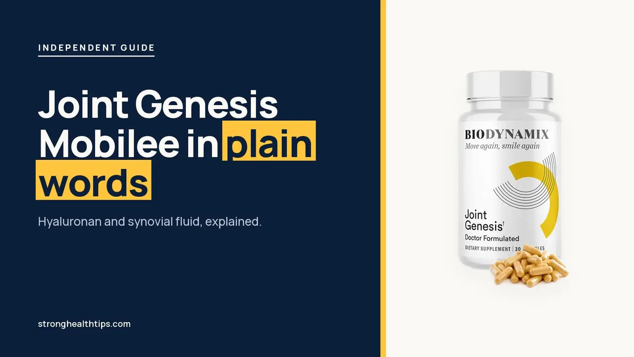 Joint Genesis Mobilee: headline beside the Joint Genesis bottle on a navy panel with a yellow edge