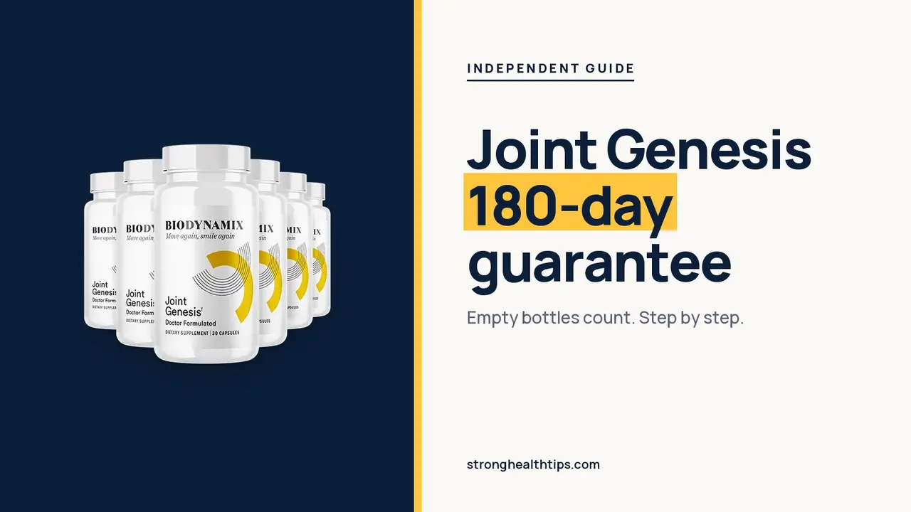 Joint Genesis money back guarantee: headline beside the six-bottle Joint Genesis package on a navy panel with a yellow edge