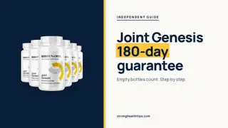 Joint Genesis money back guarantee: headline beside the six-bottle Joint Genesis package on a navy panel with a yellow edge