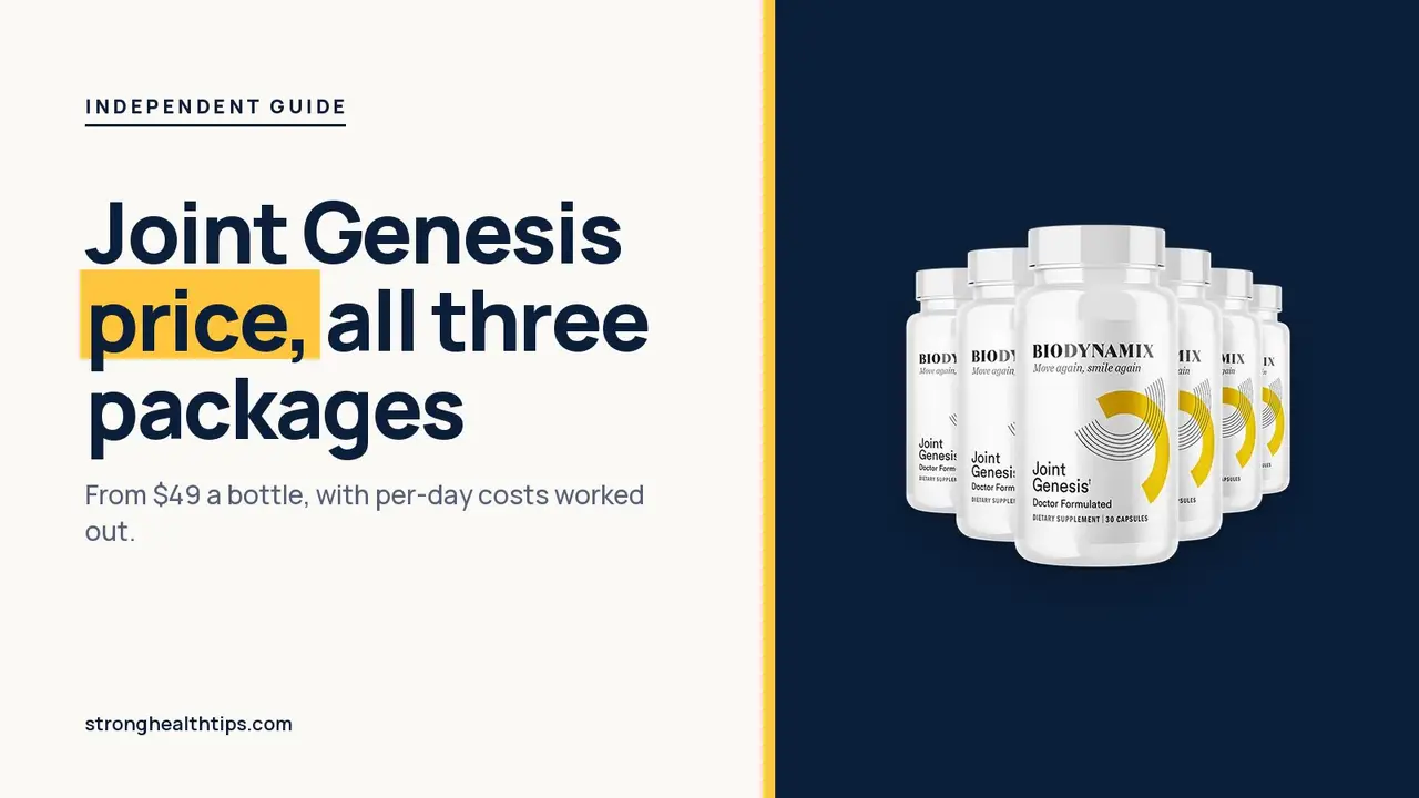 Joint Genesis price: headline beside the six-bottle Joint Genesis package on a navy panel with a yellow edge
