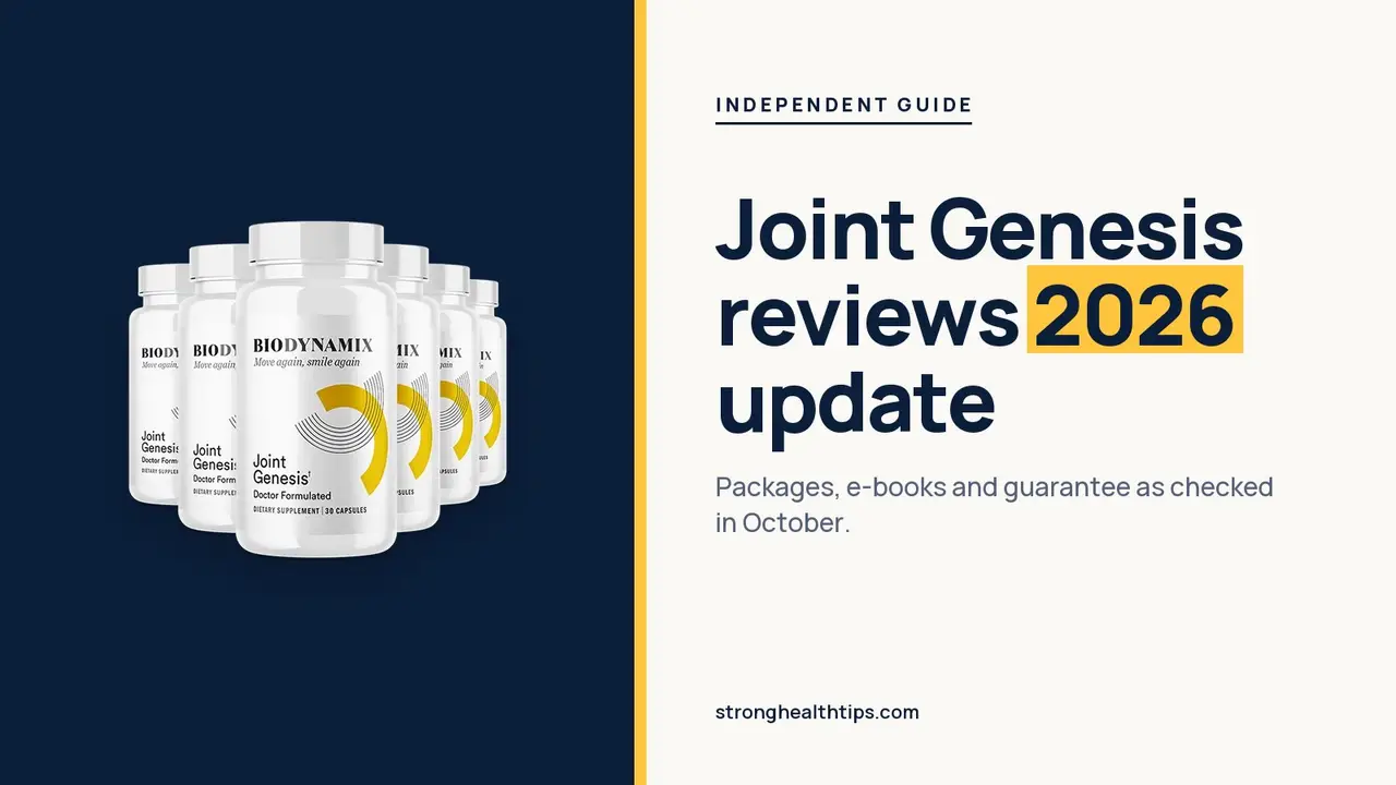 Joint Genesis reviews 2026: headline beside the six-bottle Joint Genesis package on a navy panel