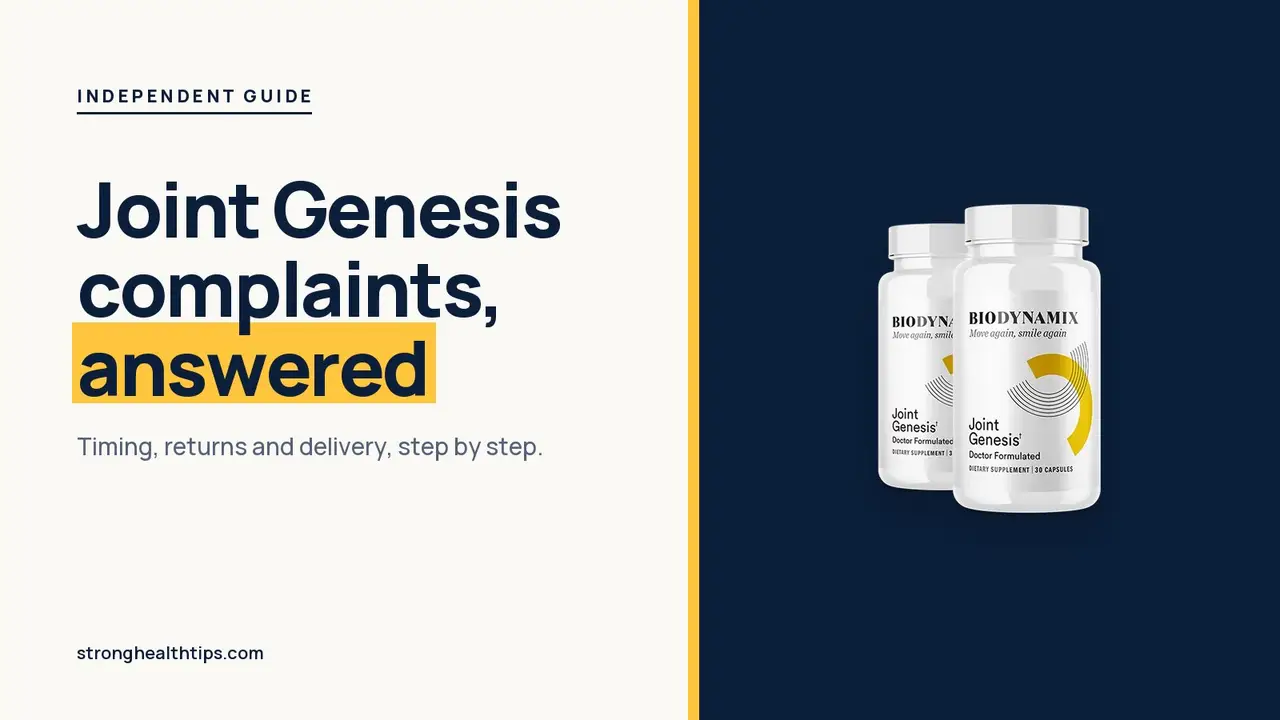 Joint Genesis reviews and complaints: headline beside the two-bottle Joint Genesis package on a navy panel