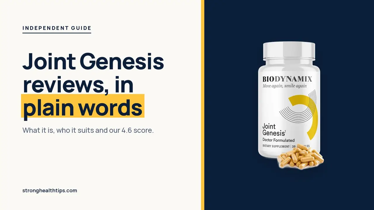 Joint Genesis reviews: headline beside the Joint Genesis bottle on a navy panel with a yellow edge