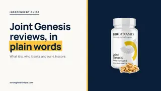 Joint Genesis reviews: headline beside the Joint Genesis bottle on a navy panel with a yellow edge