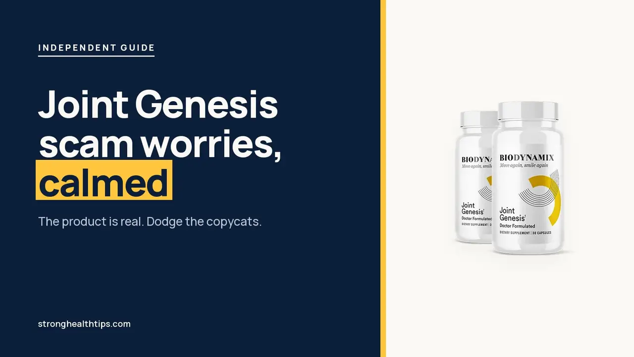Joint Genesis scam worries: headline beside the Joint Genesis bottle on a warm white page with a hairline frame