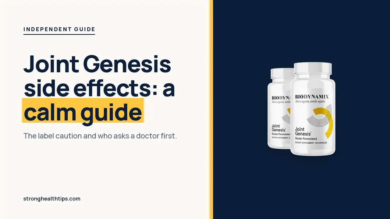 Joint Genesis side effects: headline beside the Joint Genesis bottle on warm white with a yellow top bar