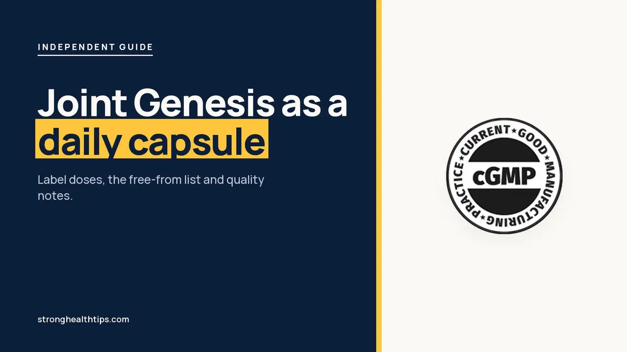Joint Genesis supplement reviews: headline beside the Joint Genesis bottle and cGMP seal on warm white