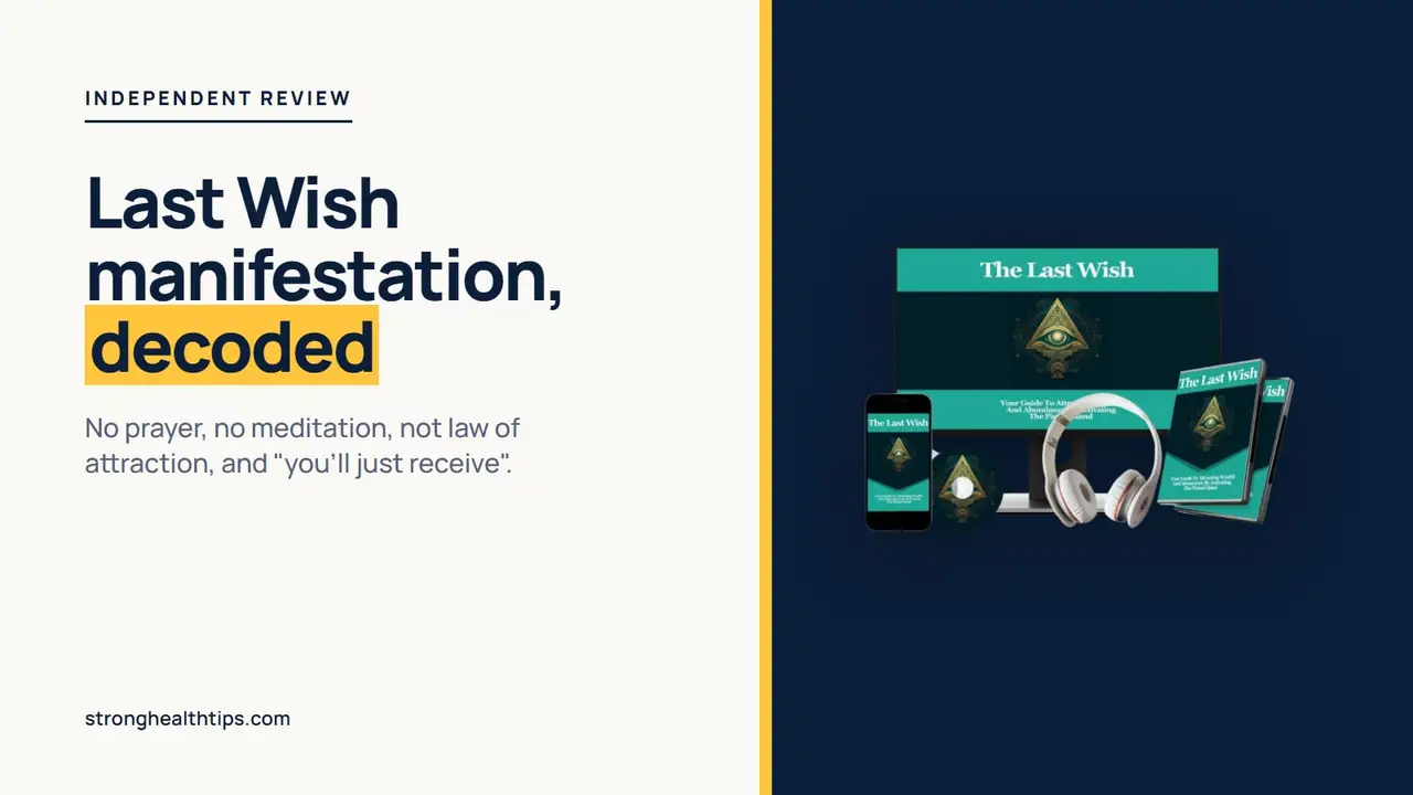 The Last Wish manifestation: seller's product mockup of a monitor, phone and headphones on a navy panel