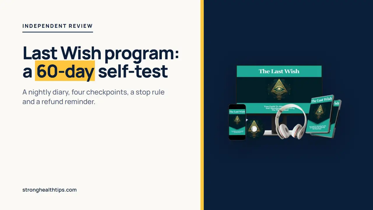 The Last Wish program: seller's product mockup of a monitor, phone and headphones on a navy panel