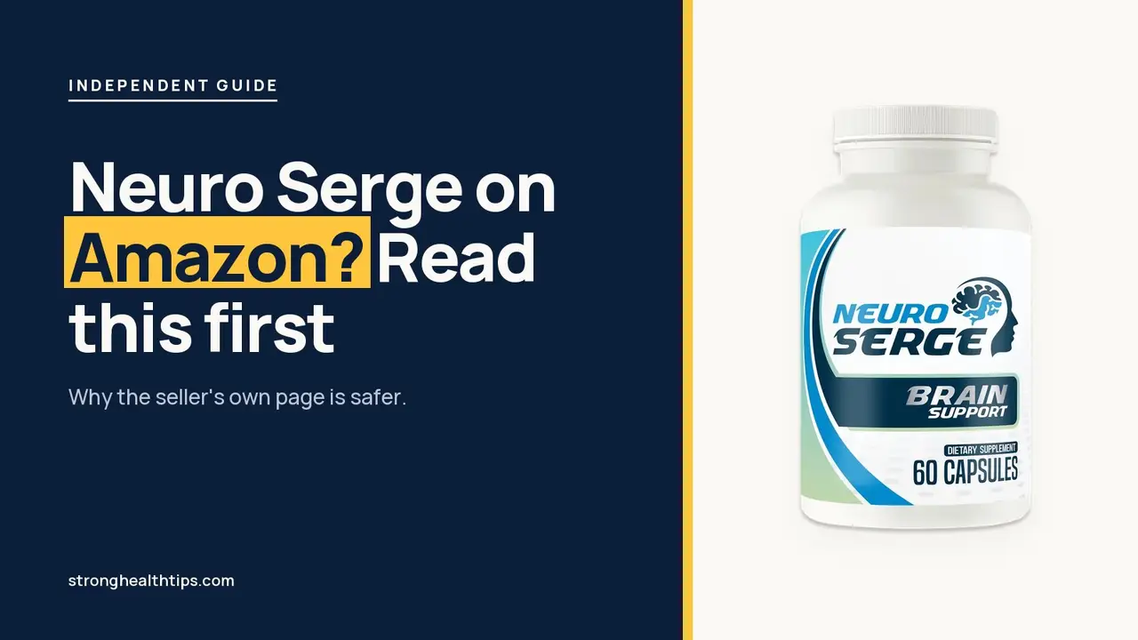 Neuro Serge on Amazon: headline beside a Neuro Serge bottle on a navy panel with a yellow edge