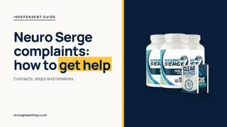 Neuro Serge complaints: headline beside the three-bottle Neuro Serge package on a navy panel with a yellow edge